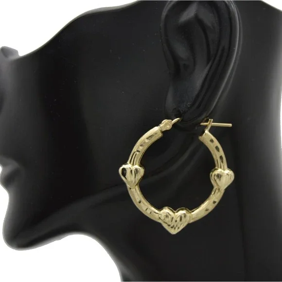 Real 10K Solid Yellow Gold 29mm Triple Heart Bamboo Graduated Hoop Earrings 2 gr